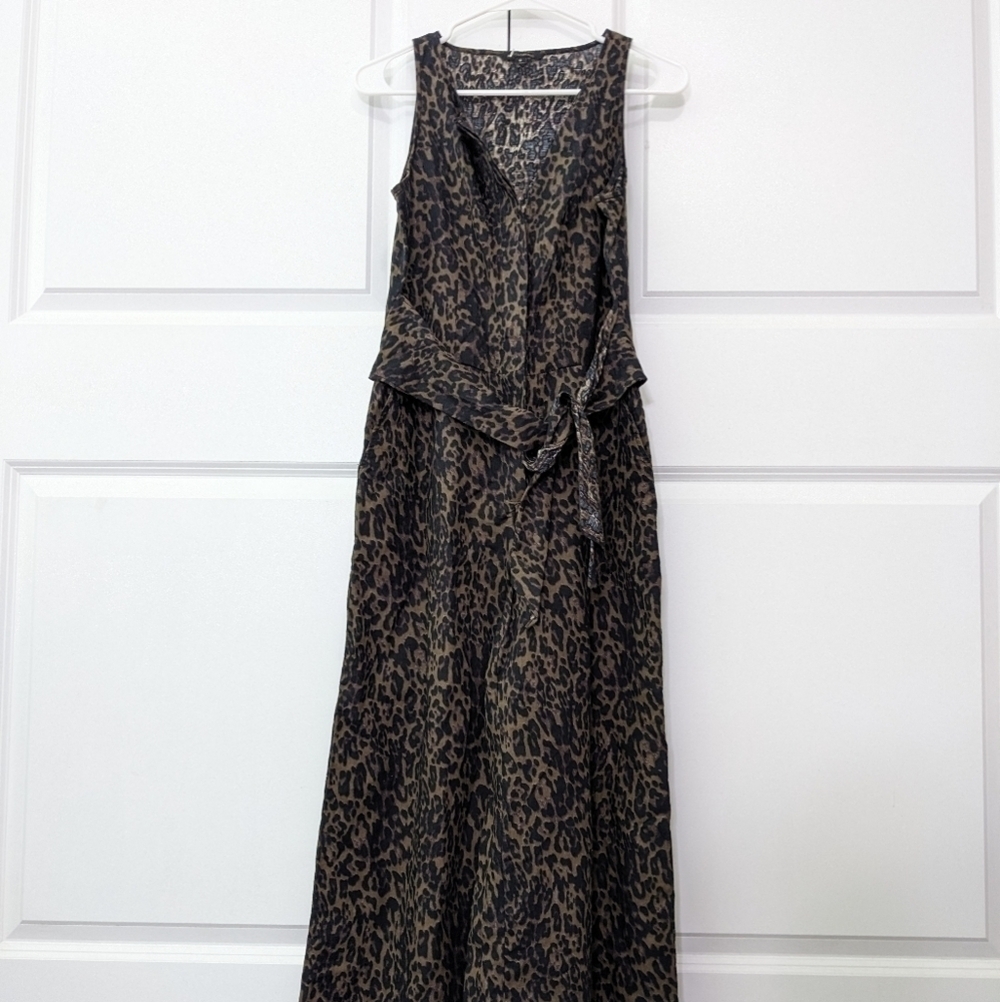 Banana Republic Jumpsuit Romper Women's 0 Leopard Linen Blend Button Up Tie